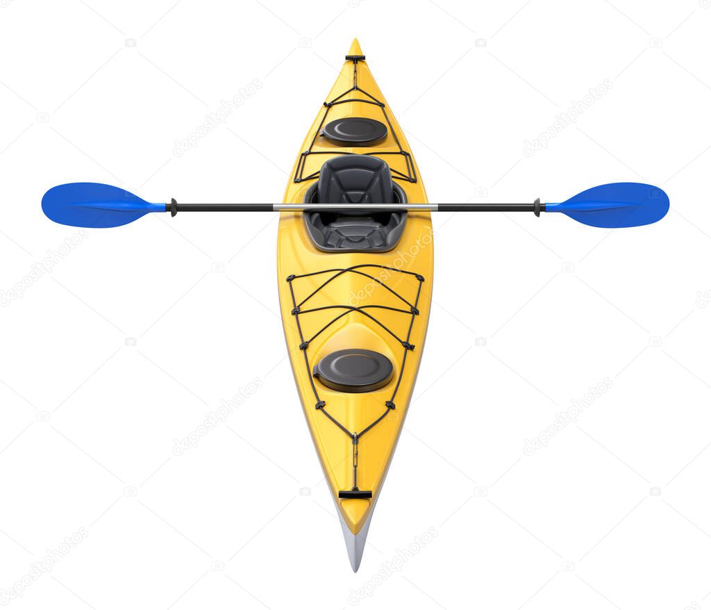 Yellow plastic kayak with blue paddle isolated on white background - 3D illustration
