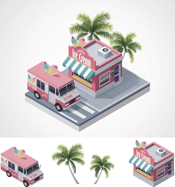 Vector isometric ice cream store and truck — Stock Vector