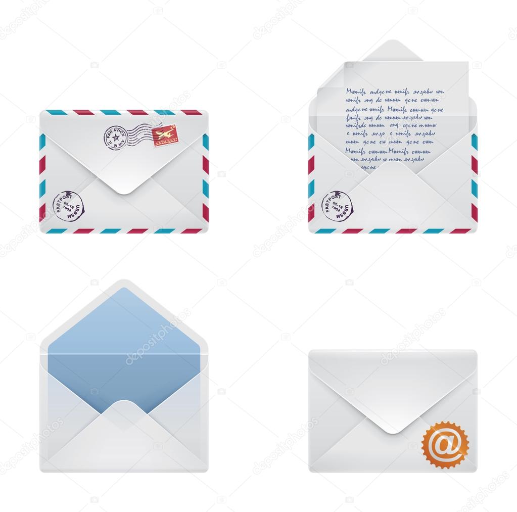 Set of detailed envelopes - sealed, open and with letter inside