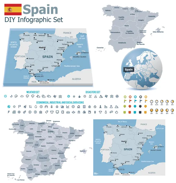 España mapas con marcadores — Archivo Imágenes Vectoriales