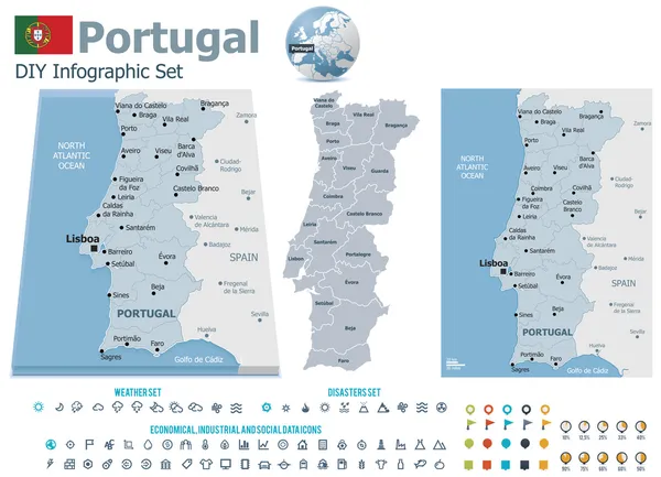 Portugal mapas con marcadores — Vector de stock