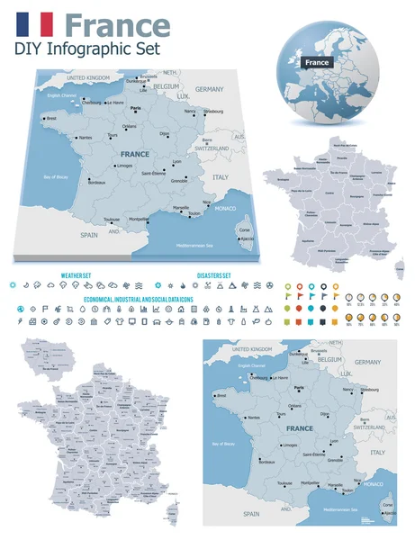 Francia mapas con marcadores — Archivo Imágenes Vectoriales