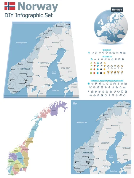 Νορβηγία χάρτες με δείκτες — Διανυσματικό Αρχείο