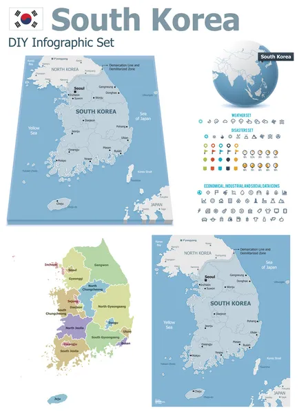 Corea del Sur mapas con marcadores — Vector de stock