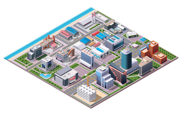 Isometric industrial and business city district map