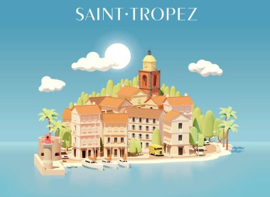 Vektör Saint-Tropez Fransa şehir manzarası çizimi