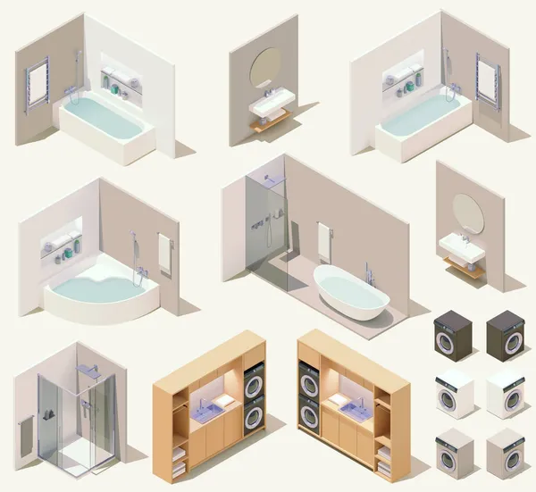 Muebles de baño isométricos vectoriales y accesorios de plomería — Vector de stock