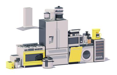 Vektör izometrik büyük ve küçük mutfak aletleri. Büyük ve küçük elektrikli yemek ekipmanları. Mutfak sobası, fırın, kahve makinesi, buzdolabı, yiyecek işlemcisi, meyve sıkacağı, mikrodalga fırın, bulaşık makinesi.