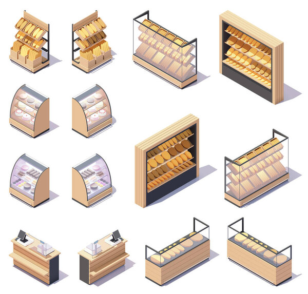 Vector isometric bakery store stands and shelves
