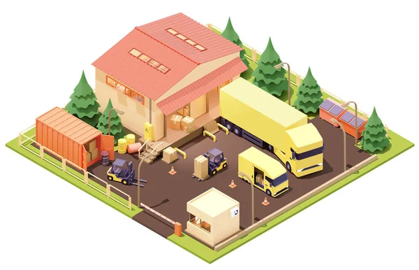 Vector isometric warehouse building with forklifts and trucks — Image vectorielle