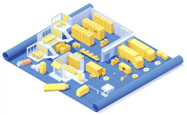 Vector isometric warehouse building on the blueprint —  Vetores de Stock