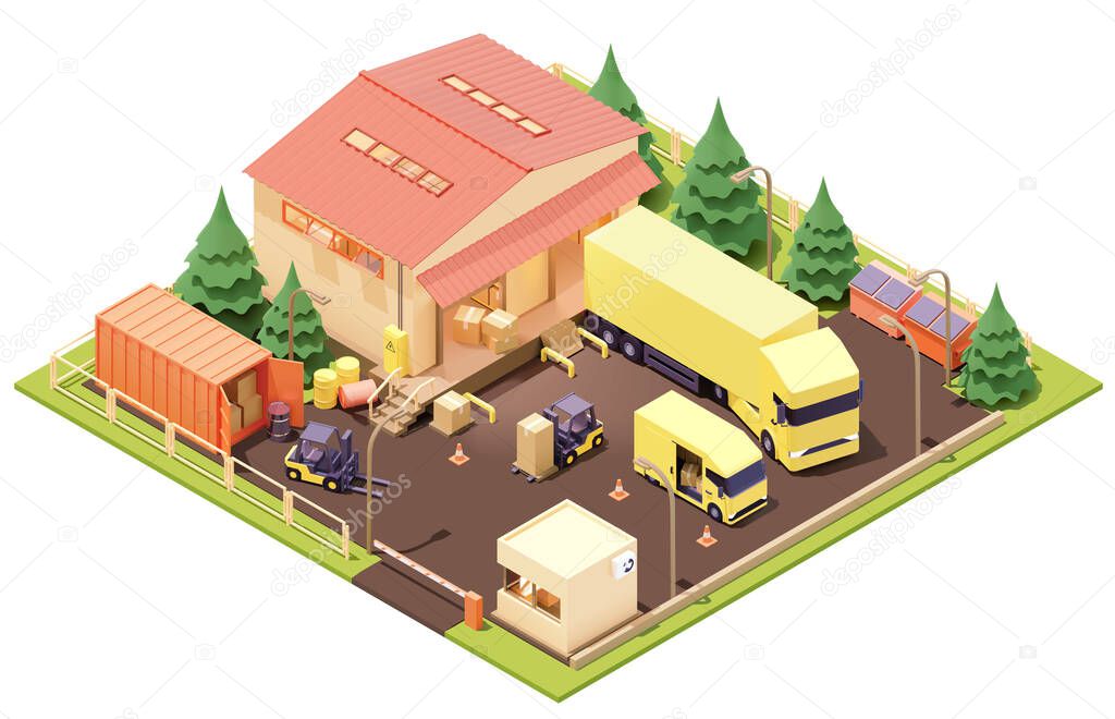 Vector isometric warehouse building with forklifts and trucks
