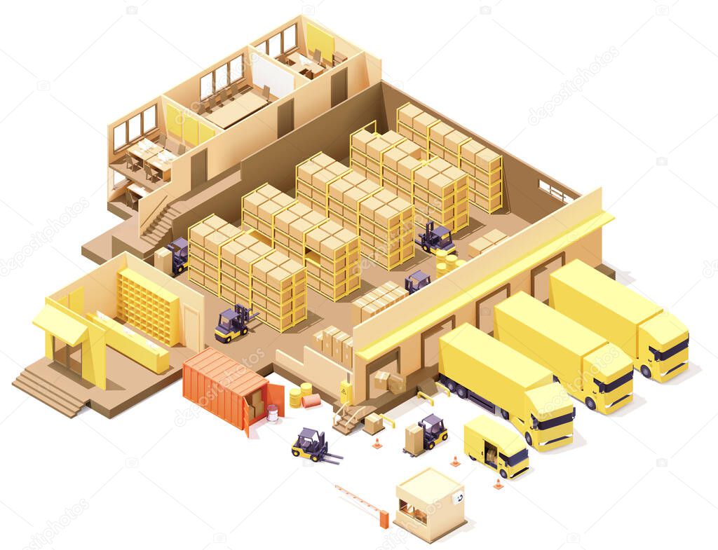 Vector isometric warehouse building with offices cross section