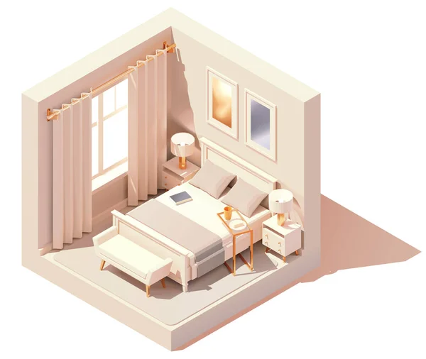 Vector Isométrico Interior Dormitorio Moderno Cama Doble Paredes Blancas Banco — Vector de stock