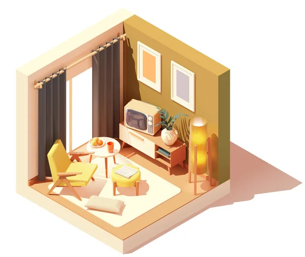 Vector Isometric Vintage Living Room 인테리어 내부입니다 테이블 횡단면 그림이야 — 스톡 벡터