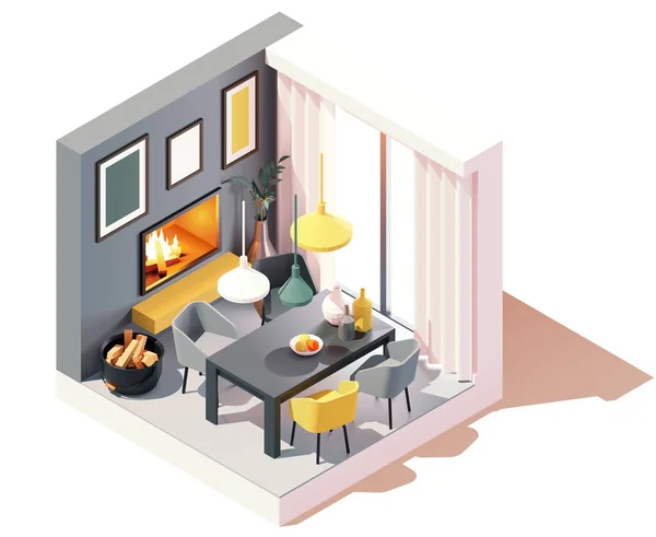 Ruang Makan Modern Vektor Isometrik Dengan Interior Perapian Meja Makan - Stok Vektor