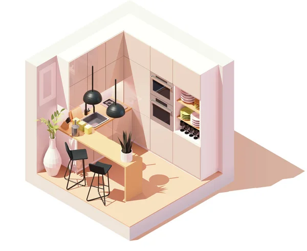 Векторна Ізометрична Сучасна Кухонна Кімната Маленька Кухня Барна Стійка Стільцями — стоковий вектор
