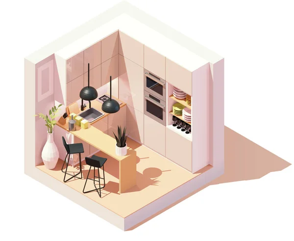 Vector Isometric Modern Kitchen Room Small Kitchen Bar Counter Chairs — 图库矢量图片