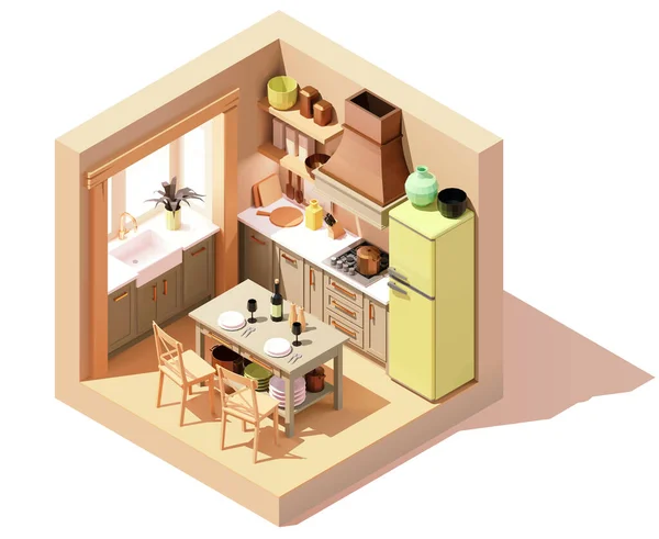 Vector Isometric Rustic Kitchen Room Kitchen Island Chairs Furniture Stove — Image vectorielle