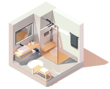 Vector isometric modern bathroom. Gray and white bathroom with wooden furniture, shower cabin and washbasin, bench. Minimalist modern interior