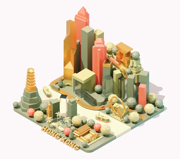 Vector Isometric Hong Kong Skyline China Low Poly Illustration Fictional — Stockvektor