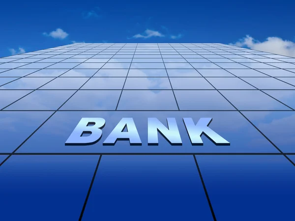 Blue glass wall with bank sign on a blue sky background — Stock Photo, Image