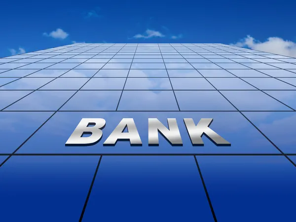 Parete di vetro blu con il segno della banca su uno sfondo cielo blu — Foto Stock