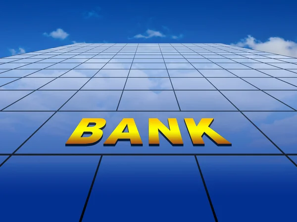 Blue glass wall with bank sign on a blue sky background — Stock Photo, Image