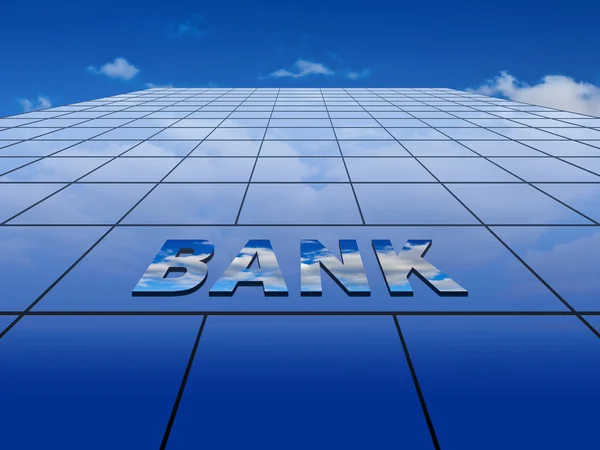 Blue glass wall with bank sign on a blue sky background — Stock Photo, Image