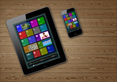 tablet pc ve telefon ahşap zemin