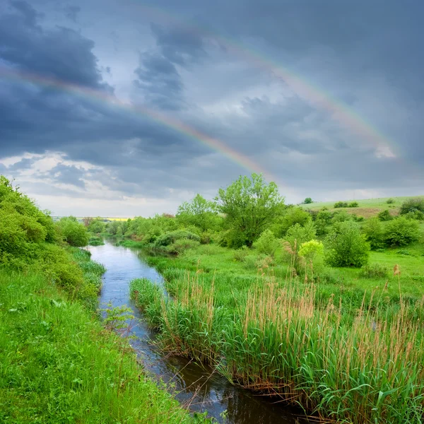 草原の川の上の虹 — ストック写真