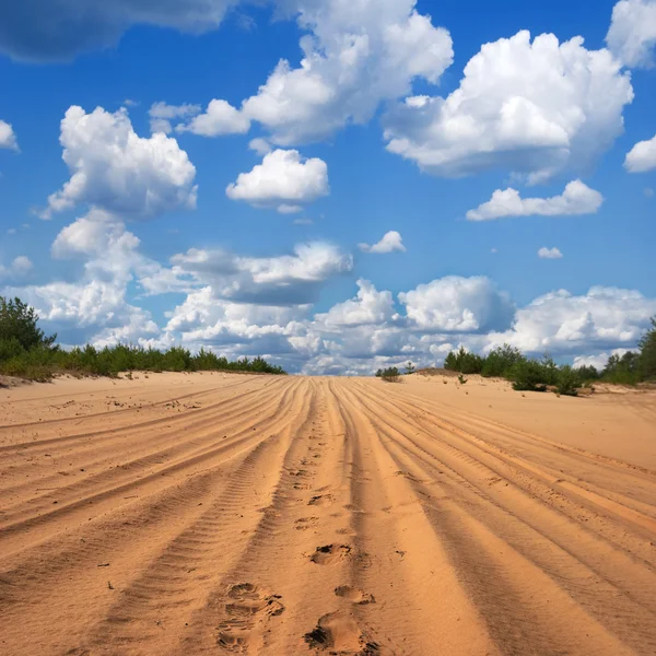 Sandiga vägen i en öken — Stockfoto