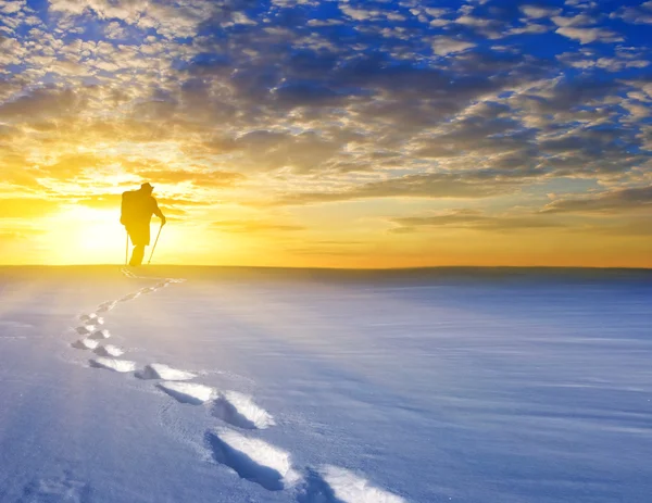 Wanderer in einer schneebedeckten Ebene bei Sonnenuntergang — Stockfoto