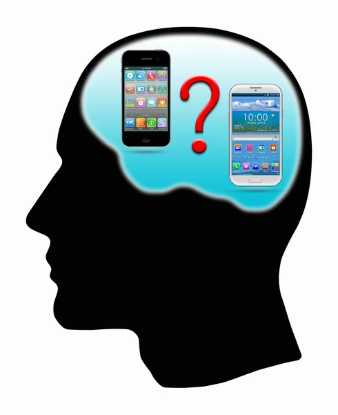 Κεφάλι του ατόμου με την guestion και τα κινητά τηλέφωνα — Φωτογραφία Αρχείου