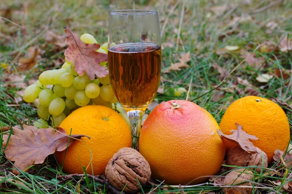 Glass of white wine among a fruits in the grass — Stock Photo, Image