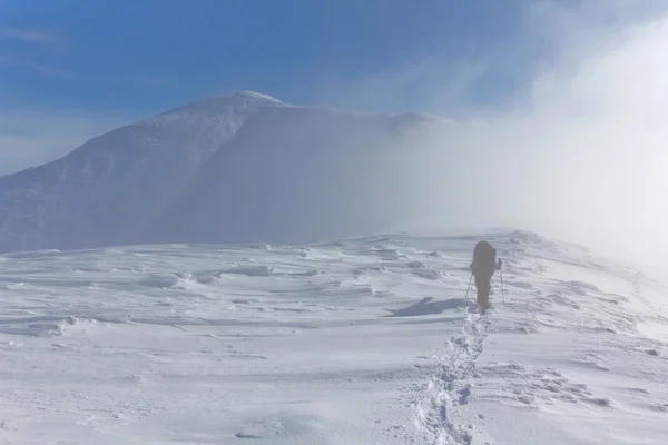 Toerist in een winter heuvels — Stockfoto