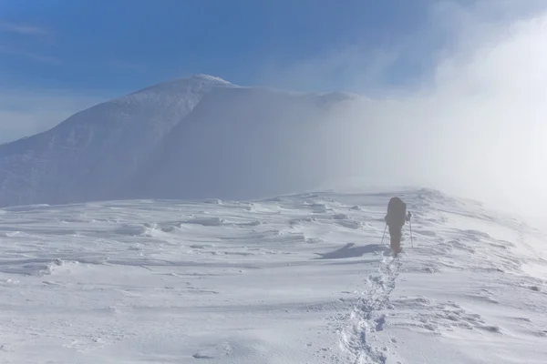 Turista in una collina invernale — Foto Stock