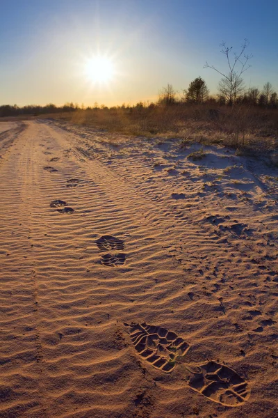 Trilha humana em uma areia ao pôr do sol — Fotografia de Stock
