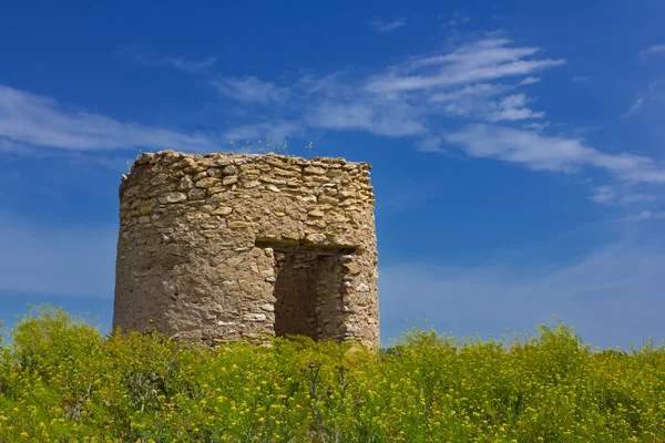 Παλαιά εγκαταλειμμένη πύργο μεταξύ ενός πεδία — Φωτογραφία Αρχείου