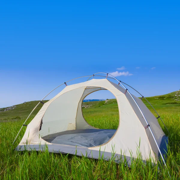 Vita touristic tält på ett grönt gräs — Stockfoto