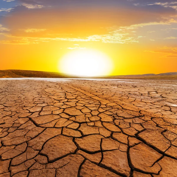 Pôr do sol deve uma terra seca — Fotografia de Stock