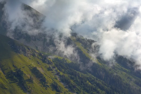 Grüner Berghang in dichten Wolken — Stockfoto