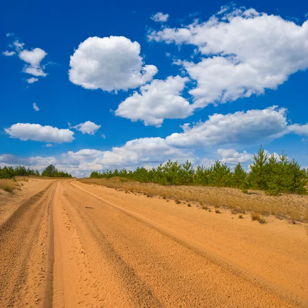 Estrada através de um deserto arenoso — Fotografia de Stock