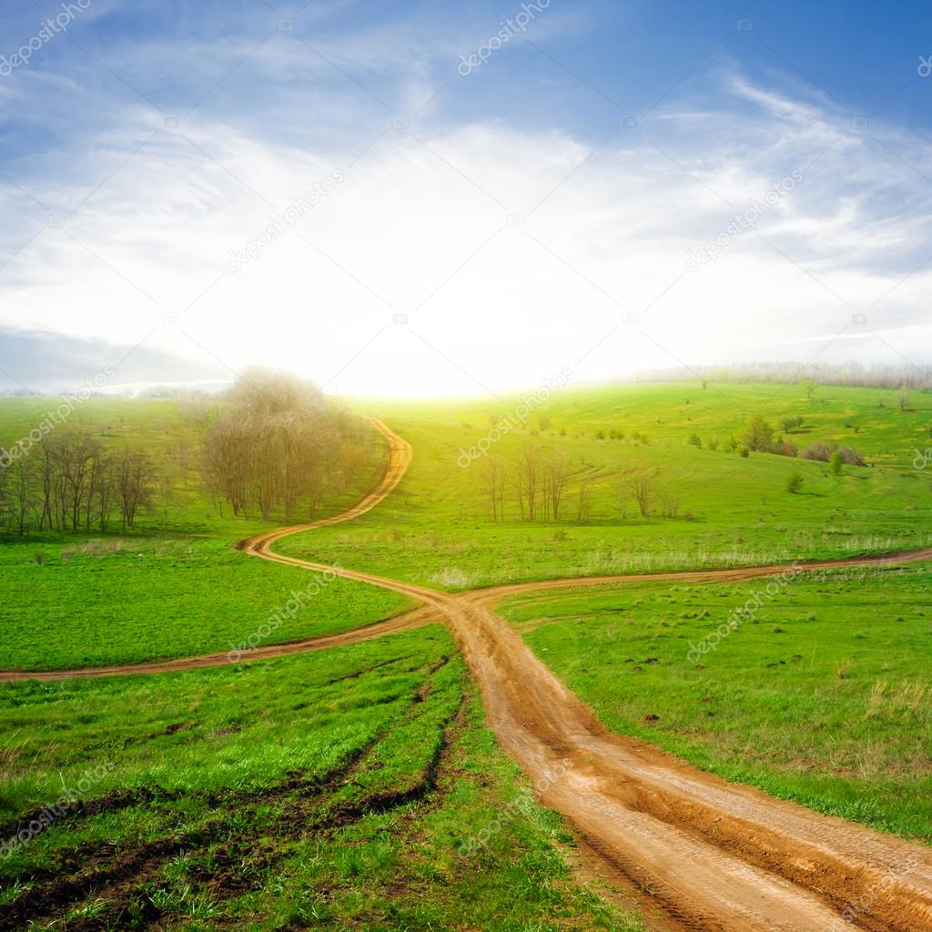 Crossroads among a green fields