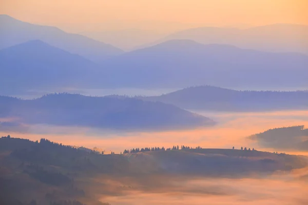 青い霧の山の尾根のシルエット早朝の山の谷のシーン — ストック写真