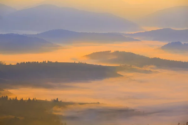 Dağ Sırtı Silueti Mavi Sisli Sabahın Erken Saatlerinde Dağ Vadisi — Stok fotoğraf