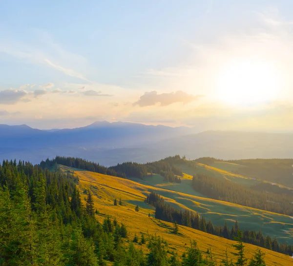 Apus Soare Luminos Peste Valea Verde Muntelui Scena Călătorie Naturală — Fotografie, imagine de stoc