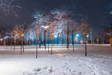 Gece şehir meydanı, karla kaplı fener, gece şehri kış manzarası.