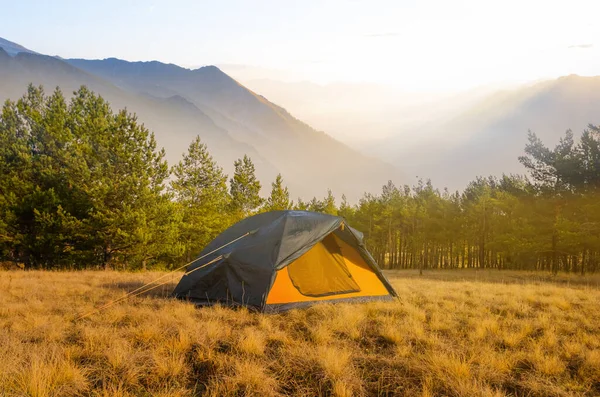 Turistiska Tält Vistelse Bergsdalen Tidig Morgon Turistiska Resor Scen — Stockfoto