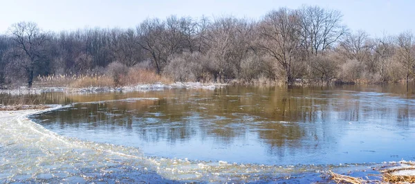 Tající Řeka Slunečného Jarního Dne Přírodní Sezónní Scéna — Stock fotografie